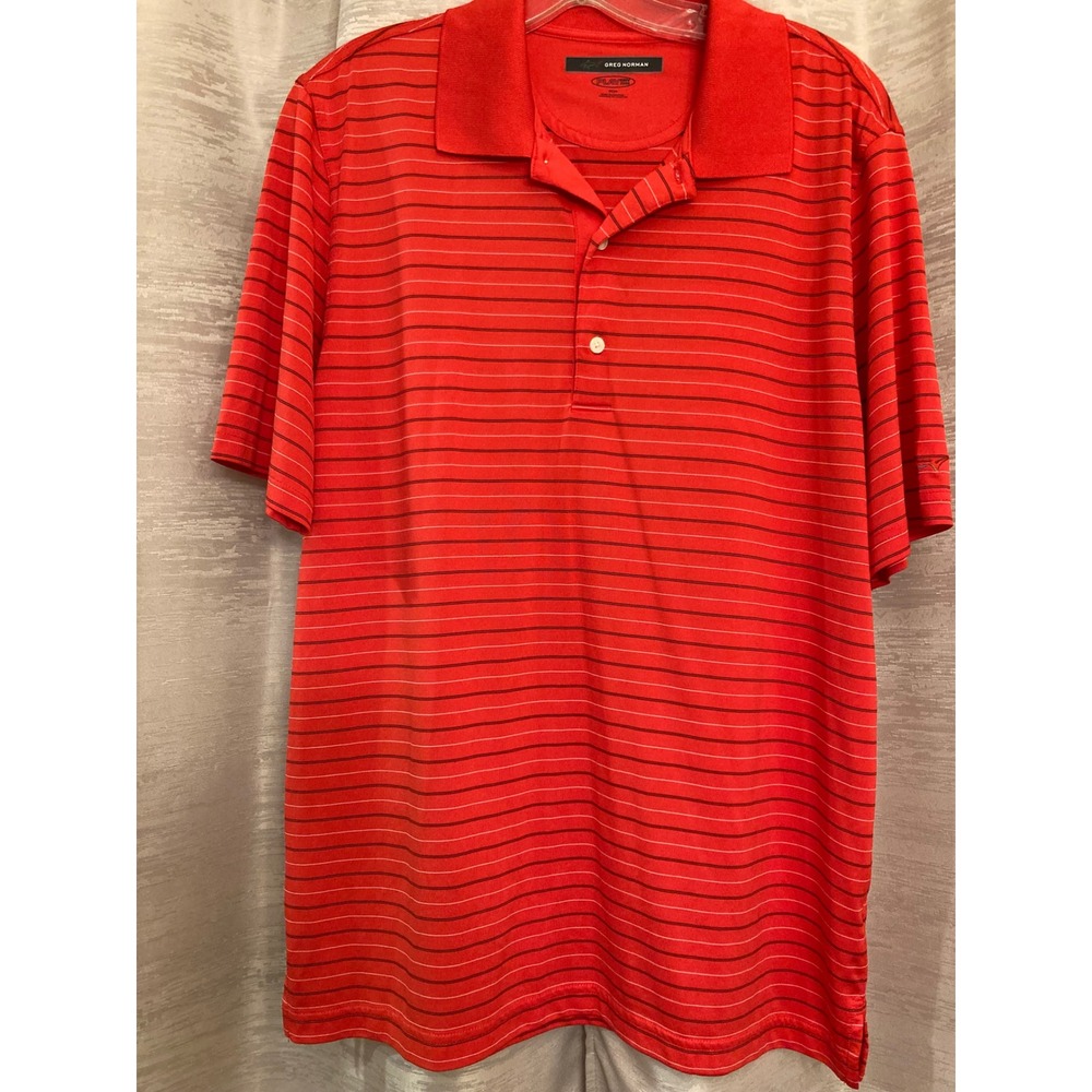 Greg Norman Mens Polo Shirt Play Dry Red Striped Golf Short Sleeve Casual